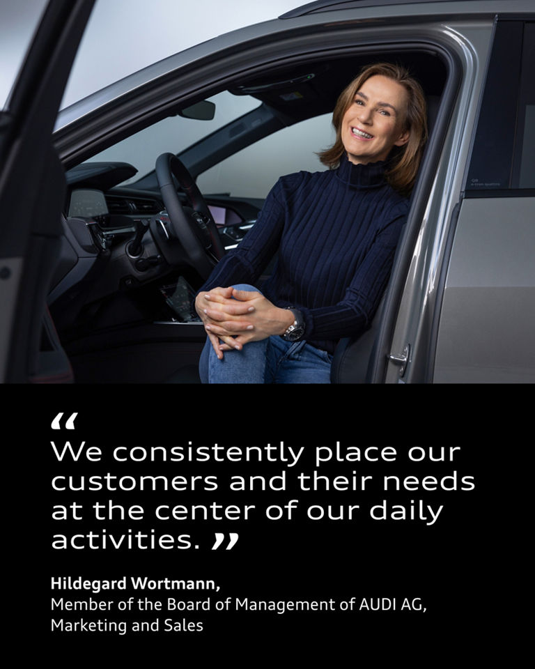 Portrait of Hildegard Wortmann next to her quote: "We consistently place our customers and their needs at the center of our daily activities."